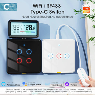 SMATRUL Tuya Wireless WiFi RF433 Smart Home Wall-mounted Light Switch Touch Panel Control Switches Timing Function Remote APP Control Voice Control with Alexa Google Assistant Yandex Tmall Genie