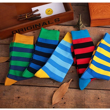 5 Pairs Men's Colorful Striped Funny Novelty Cotton Dress Socks, Cool Design Rich Funky Crew Socks for Men Comfy Breathable Long Socks