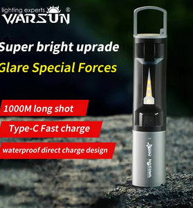 WARSUN W7000 500 Lumens Rechargeable LED Flashlight with COB Side Light 4 Lights Modes Type-C Charging Waterproof Torch for Camping Hiking Emergency