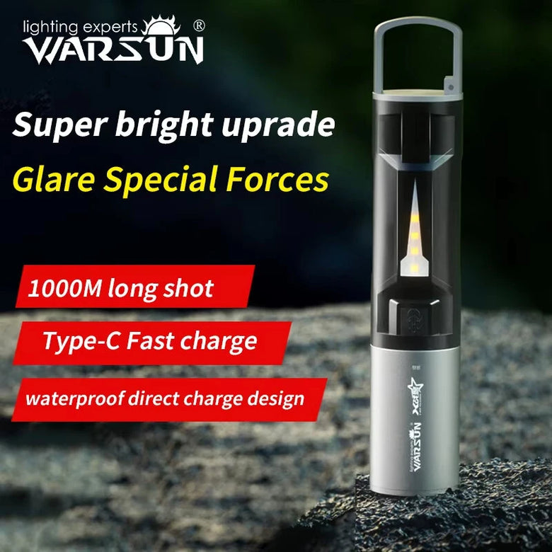 WARSUN W7000 500 Lumens Rechargeable LED Flashlight with COB Side Light 4 Lights Modes Type-C Charging Waterproof Torch for Camping Hiking Emergency