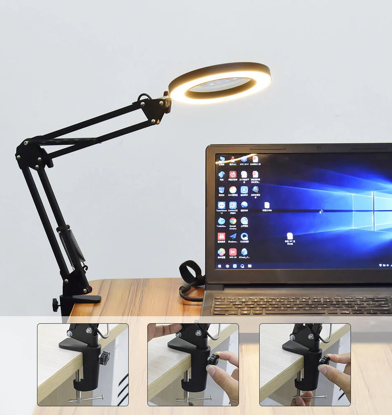 DANIU Flexible Desk Large 5X USB LED Magnifying Glass 33cm+33cm Bracket 3 Colors Illuminated Magnifier Lamp Loupe