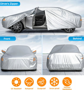 190T Polyester Car Full Covers All Weather Automobiles Outdoor With Windproof Strap 6 Reflective Strips for Sedans Coupes Silver UV Risistant Rainproof Dustproof Snowproof