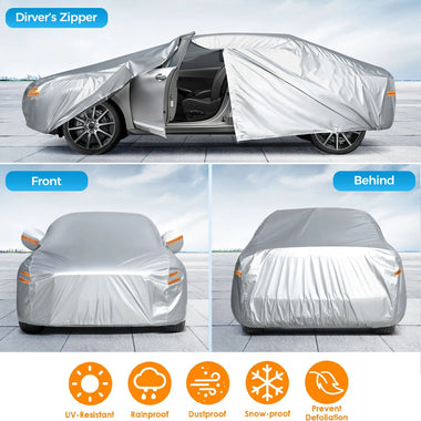 190T Polyester Car Full Covers All Weather Automobiles Outdoor With Windproof Strap 6 Reflective Strips for Sedans Coupes Silver UV Risistant Rainproof Dustproof Snowproof