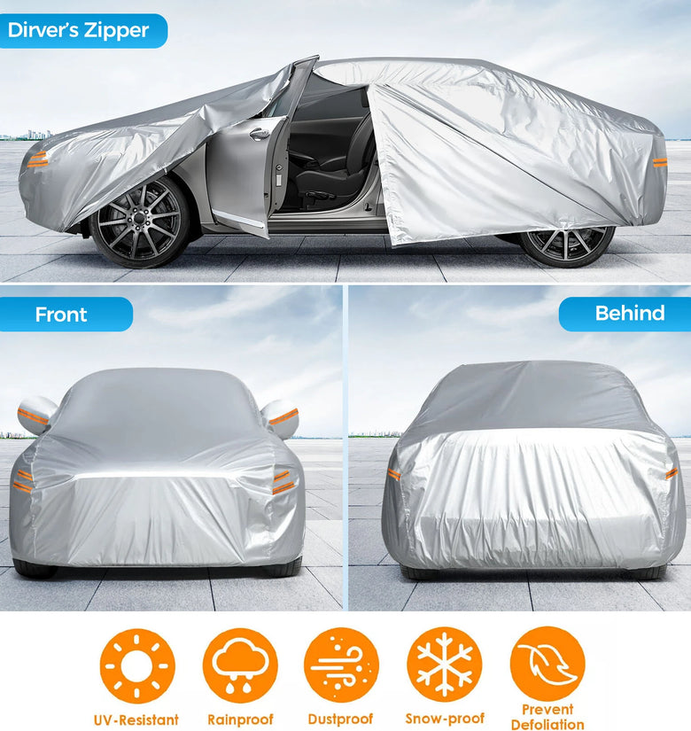 190T Polyester Car Full Covers All Weather Automobiles Outdoor With Windproof Strap 6 Reflective Strips for Sedans Coupes Silver UV Risistant Rainproof Dustproof Snowproof