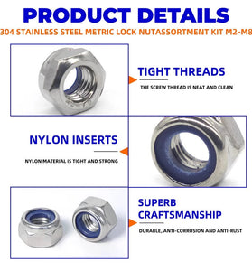 200pcs DIN985 Hex Nylon Insert Self Lock Nut Nylock Locknut Assortment Kit Set M2 M2.5 M3 M4 M5 M6 M8 304 A2-70 Stainless Steel