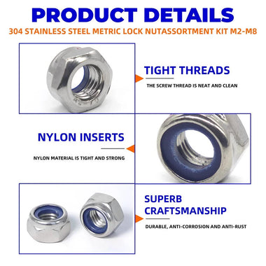 200pcs DIN985 Hex Nylon Insert Self Lock Nut Nylock Locknut Assortment Kit Set M2 M2.5 M3 M4 M5 M6 M8 304 A2-70 Stainless Steel