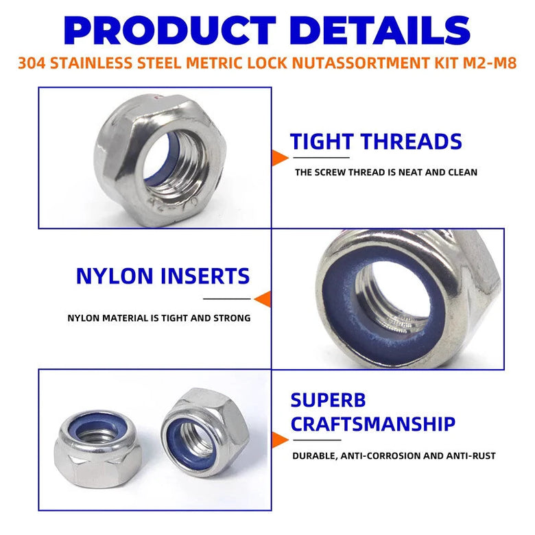 200pcs DIN985 Hex Nylon Insert Self Lock Nut Nylock Locknut Assortment Kit Set M2 M2.5 M3 M4 M5 M6 M8 304 A2-70 Stainless Steel