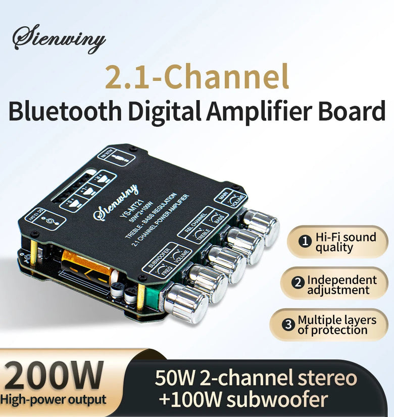 YS-MT21 Bluetooth Digital Amplifier Board 2.1 Channel 200W High-Power Dual Input Multi-layer Protection AUX Audio Subwoofer HIFI Amplifier Board