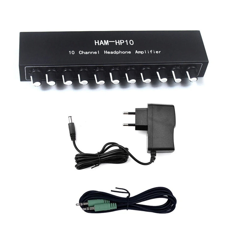 HAM-HP10 10 Channel Stereo Headphone Amplifier 1 Input 10 Output 12dB Gain NJM4556A 3.5mm Jack DC 12-24V Volume Control