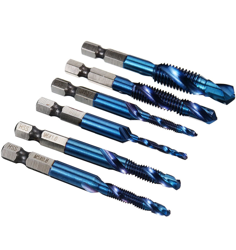 6Pcs M3-M10 1/4 Inch Hex Shank Metric Thread Blue Nano Coated HSS Drill and Tap Bits Screw Tap