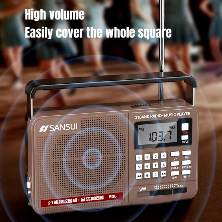 SANSUI E35 Radio Portable Digital Retro Speaker HiFi Bass Music Player with LED Flashlight FM AM SW Full Band Support USB TF Card Playback Radios