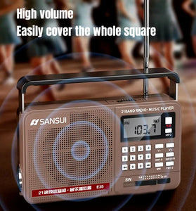 SANSUI E35 Radio Portable Digital Retro Speaker HiFi Bass Music Player with LED Flashlight FM AM SW Full Band Support USB TF Card Playback Radios