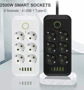 F06 2500W EU Plug AC Outlet Power Strip Multitap Extension Cord Electrical Socket with 4 USB+Type-C Ports Fast Charge Home Intelligent Outlets