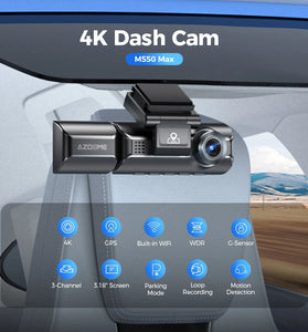 AZDOME Dash Cam M550 Max 4K+1K+2K Built-in GPS WiFi Car Dash Camera Front Inside Rear 3 Way IR Night Vision Car DVR Support Rear Cam