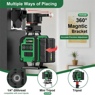 LFINE 4D 16 Lines Laser Level with Dual Rechargeable Batteries USB Powered Self-Leveling Multi-Line Cross Leveling Tool Includes Deluxe Fabric Pouch and Wireless Remote Control for Construction and Home Remodeling