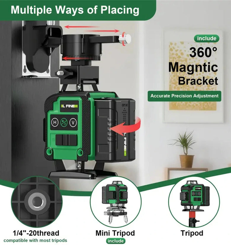 LFINE 4D 16 Lines Laser Level with Dual Rechargeable Batteries USB Powered Self-Leveling Multi-Line Cross Leveling Tool Includes Deluxe Fabric Pouch and Wireless Remote Control for Construction and Home Remodeling