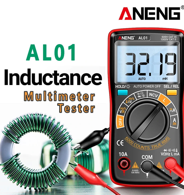 ANENG AL01 Portable Digital Multimeter High Precision Voltage Current Resistance Capacitance Frequency Temperature Tester Inductance NCV Detection True RMS Backlight Display Auto-Off