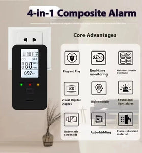 4 in 1 Gas Alarm Methane Carbon Monoxide Temperature Humidity Monitor High Decibel Warning LCD Display Plug and Play Safety Device
