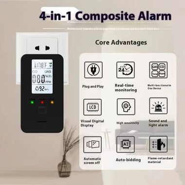 4 in 1 Gas Alarm Methane Carbon Monoxide Temperature Humidity Monitor High Decibel Warning LCD Display Plug and Play Safety Device