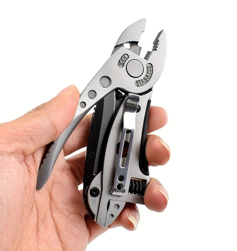 6-in-1 Stainless Steel Multitool Adjustable Wrench Screwdriver Bits Saw Blade Knife Compact Folding Design Ergonomic Handle Camping Hunting DIY Projects Survival Tool Portable