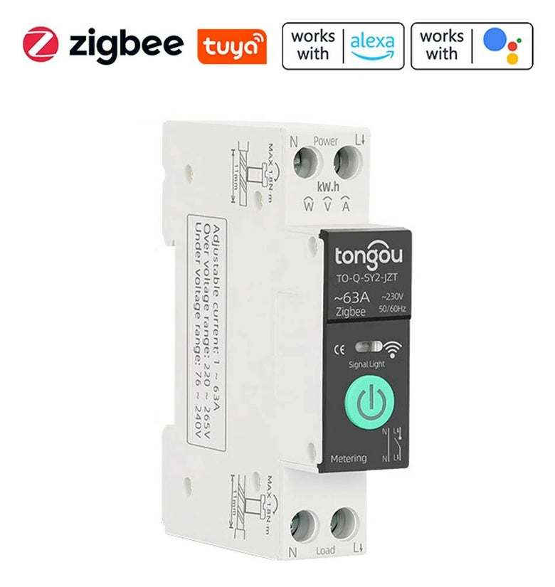 Tuya Intelligent Circuit Breaker with Metering 1P 63A DIN Rail Support 3 Timing Modes Multiple Safety Protecting APP Remote Control Compatible with Alexa Google Assistant for Household Appliances