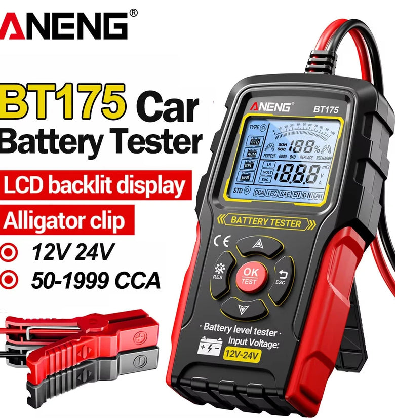 ANENG BT175 Car Battery Tester 12V 24V Lead Acid Battery Analyzer Digital Voltage Alternator Tester Accurate CCA Measurement Backlit Screen Automotive Battery Checker