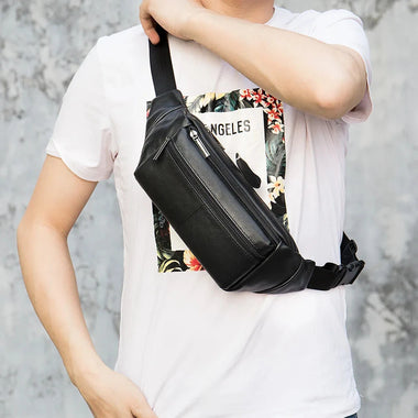 Ekphero Men's Genuine Leather Waist Bag Sports Belt Pouch Business Casual Crossbody Bag Outdoor Black Shoulder Chest Bag
