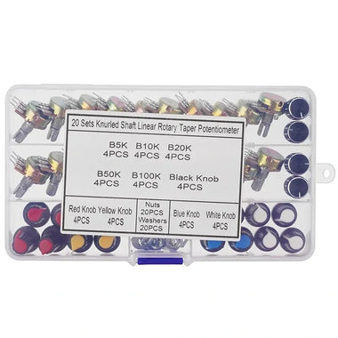 20PCS/Box WH148 15MM Potentiometer Kit with Knobs Knurled Shaft Linear Rotary Taper Potentiometer B5K/10K/20K/50K/100K