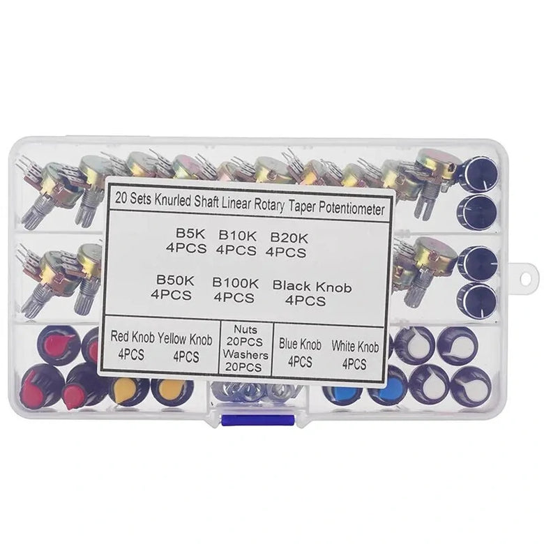 20PCS/Box WH148 15MM Potentiometer Kit with Knobs Knurled Shaft Linear Rotary Taper Potentiometer B5K/10K/20K/50K/100K