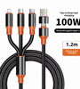 6A 100W USB-A/Type-C to Type-C/iP/Micro USB Cable Fast Charging Data Transmission Copper Core Line 1.2M Long for iPhone 16 15 Plus 14 13 Pro 12 Pro Max for Huawei Mate XT for Xiaomi 15pro for Samsung Galaxy Z Flip6