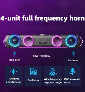 Havit M19 Computer Speaker bluetooth Soundbar Dual 52mm Speakers Dual Bass Diaphragm RGB Light 3.5mm Wired Knob-type Desktop Speaker USB Power Supply