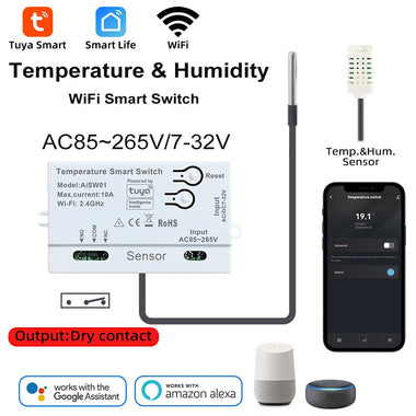 Tuya WiFi Smart Switch Temperature Humidity Dry Contact 10A AC85-265V DC7-32V App Remote Real-Time Monitoring Timer Schedule Smart Home Automation Voice Control with Alexa Google Assistant