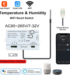 Tuya WiFi Smart Switch Temperature Humidity Dry Contact 10A AC85-265V DC7-32V App Remote Real-Time Monitoring Timer Schedule Smart Home Automation Voice Control with Alexa Google Assistant
