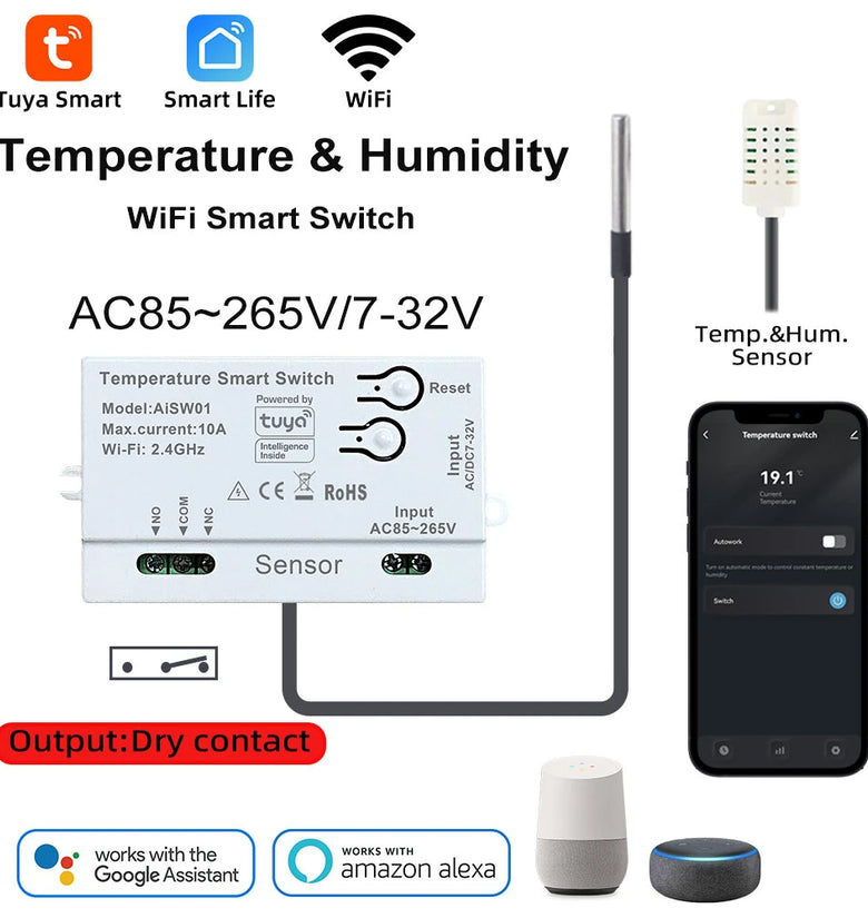 Tuya WiFi Smart Switch Temperature Humidity Dry Contact 10A AC85-265V DC7-32V App Remote Real-Time Monitoring Timer Schedule Smart Home Automation Voice Control with Alexa Google Assistant