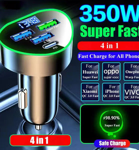350W 4-Port USB PD Car Charger Adapter 3USB-A+USB-C Fast Charging with Blue LED for iPhone 16 15 14 13 Pro for Huawei Nova Flip for Xiaomi Civi 4 Pro for Samsung Galaxy Z Flip6