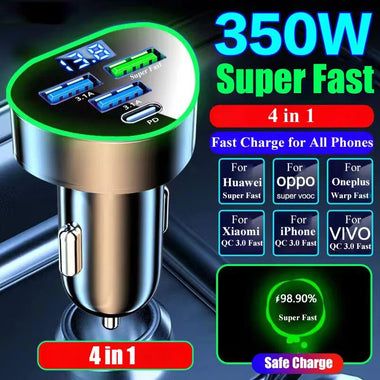 350W 4-Port USB PD Car Charger Adapter 3USB-A+USB-C Fast Charging with Blue LED for iPhone 16 15 14 13 Pro for Huawei Nova Flip for Xiaomi Civi 4 Pro for Samsung Galaxy Z Flip6