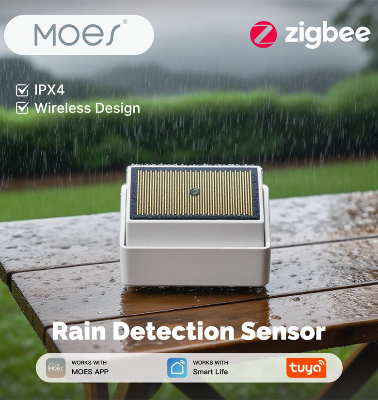 MOES Tuya Zigbe Raindrop Detection Sensor IPX4 Waterproof Wireless Smart Home Water Leak Detector Real Time Alert Smart Life APP for Indoors Outdoors Water Leakage Sensor