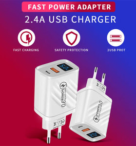 20W 2-Port USB PD Charger USB-A+Type-C PD QC3.0 2.0 AFC FCP Apple2.4A Fast Charging Wall Charger Adapter EU Plug for iPhone 15 14 13 for Huawei Mate60 Pro for Xiaomi 13pro for Samsung Galaxy Z Flip4