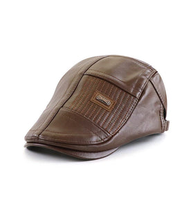 Collrown Beret Mens Adjustable PU Leather Flat Cap Stitch Newsboy Cap Driving Fishing Cabbie Hat Peaked Cap for Autumn Winter