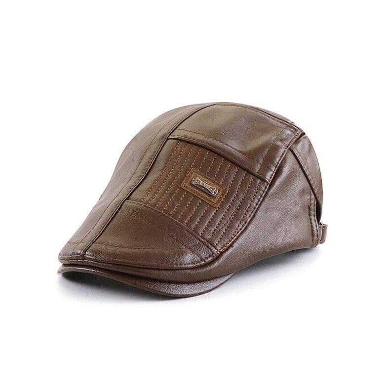 Collrown Beret Mens Adjustable PU Leather Flat Cap Stitch Newsboy Cap Driving Fishing Cabbie Hat Peaked Cap for Autumn Winter