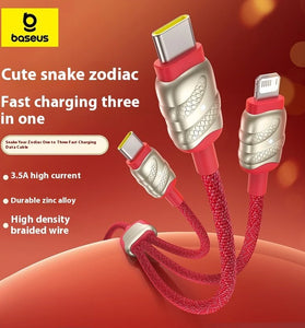 Baseus Snake Zodiac Series 3.5A USB-A to USB-C+USB-C+iP Cable Fast Charging Data Transmission Thickened Copper Core Line 1.2M Long for iPhone 16 16 Pro 15 14 13 Pro Max for Huawei Mate XT for Xiaomi 15pro for Samsung Galaxy Z Flip6