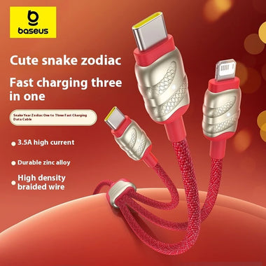 Baseus Snake Zodiac Series 3.5A USB-A to USB-C+USB-C+iP Cable Fast Charging Data Transmission Thickened Copper Core Line 1.2M Long for iPhone 16 16 Pro 15 14 13 Pro Max for Huawei Mate XT for Xiaomi 15pro for Samsung Galaxy Z Flip6