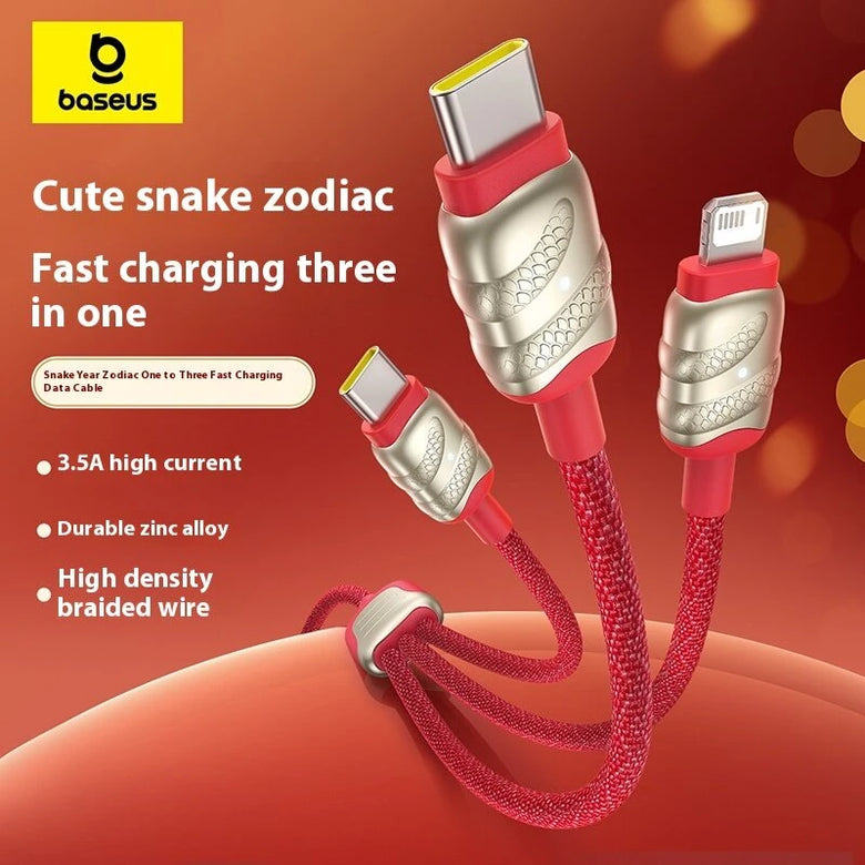 Baseus Snake Zodiac Series 3.5A USB-A to USB-C+USB-C+iP Cable Fast Charging Data Transmission Thickened Copper Core Line 1.2M Long for iPhone 16 16 Pro 15 14 13 Pro Max for Huawei Mate XT for Xiaomi 15pro for Samsung Galaxy Z Flip6