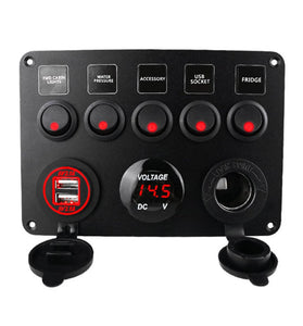 Car Boat Switch Panel Waterproof Digital Voltmeter Dual USB Port 12 Outlet Combination Marine LED Rocker 5 Gang