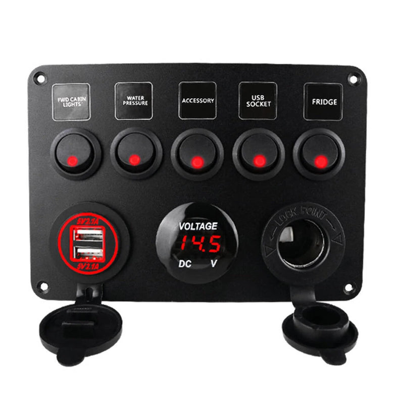 Car Boat Switch Panel Waterproof Digital Voltmeter Dual USB Port 12 Outlet Combination Marine LED Rocker 5 Gang