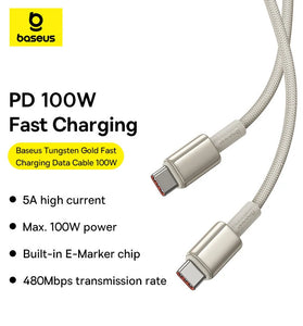Baseus Tungston Gold Series 5A 100W Type-C to Type-C Cable Fast Charging Data Transmission Tinned Copper Core Line 1M Long for iPhone 15 15 Pro for Huawei Mate60 Pro for Xiaomi 14pro for Samsung Galaxy ZFlip4