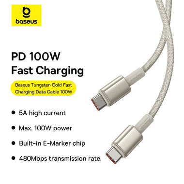 Baseus Tungston Gold Series 5A 100W Type-C to Type-C Cable Fast Charging Data Transmission Tinned Copper Core Line 1M Long for iPhone 15 15 Pro for Huawei Mate60 Pro for Xiaomi 14pro for Samsung Galaxy ZFlip4