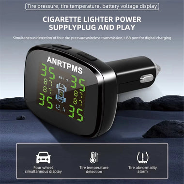 Wireless TPMS Tire Pressure Monitor 4 Wheels USB C Output Real Time Temperature Monitoring Safety System Car Accessories 433MHz Adjustable Alarm Thresholds