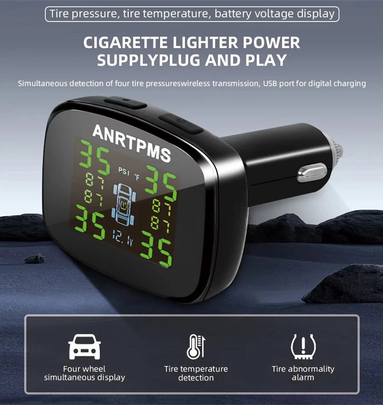 Wireless TPMS Tire Pressure Monitor 4 Wheels USB C Output Real Time Temperature Monitoring Safety System Car Accessories 433MHz Adjustable Alarm Thresholds