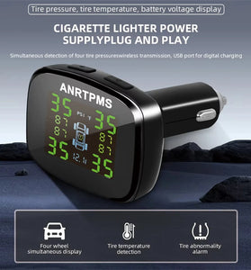Wireless TPMS Tire Pressure Monitor 4 Wheels USB C Output Real Time Temperature Monitoring Safety System Car Accessories 433MHz Adjustable Alarm Thresholds